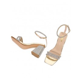 Ankle Strap Rhinestone Design Chunky Heel Sandals