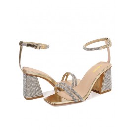 Ankle Strap Rhinestone Design Chunky Heel Sandals