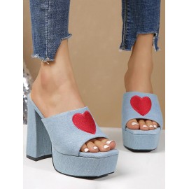 Heart Pattern Chunky Heeled Platform Slides Slip On Sandals