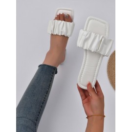 Women's Minimalist Style Daily Ruched Straps Flats Slip On Sandals Slides