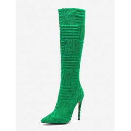 Pointed Toe Solid Color Terry Cloth Stiletto Heel Knee High Boots
