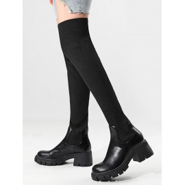 Women's British Style Solid Color Over-the-knee Length Chunky Heel Stretchy Knitted Sock Boots