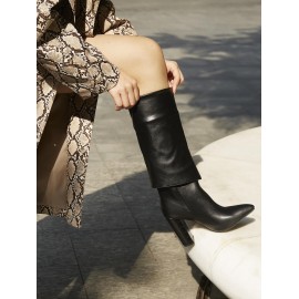Chunky Heel Pointed Toe Fold Over Mid-calf Boots