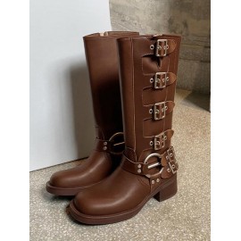 Women's Buckle Decorated Mid Calf Chunky Sole Riding Boots